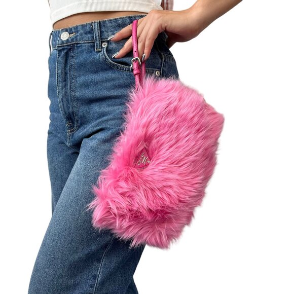 PRADA Vintage Logo Clutch Bag Wristlet Pouch Zip Pink Silver Faux Fur [105351] - Picture 1 of 12